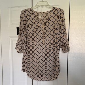 Tacera Beige Blouse with Black Trellis Print